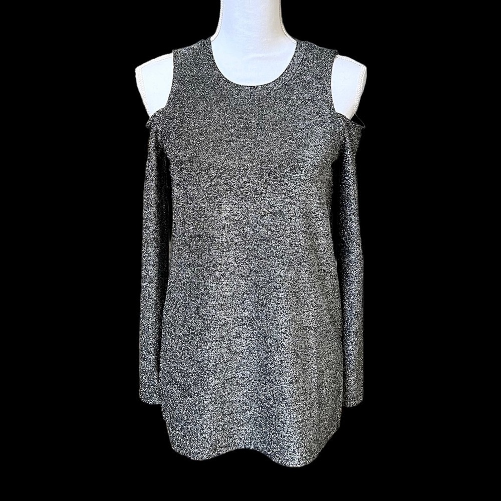 Michael Kors Long-sleeved Black & Silver Sparkle Top with Cold Shoulder Size S